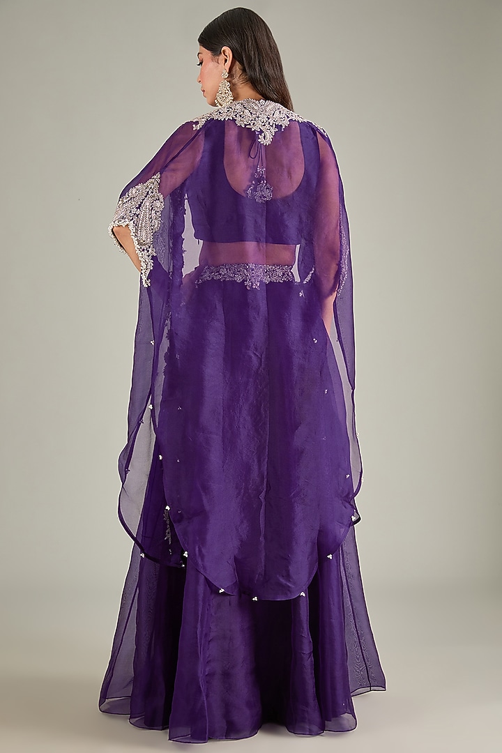 Dark Purple Organza Zari Embroidered Skirt Set by Prisho at Pernia's Pop Up Shop
