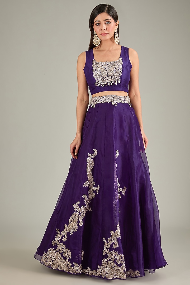 Dark Purple Organza Zari Embroidered Skirt Set by Prisho at Pernia's Pop Up Shop