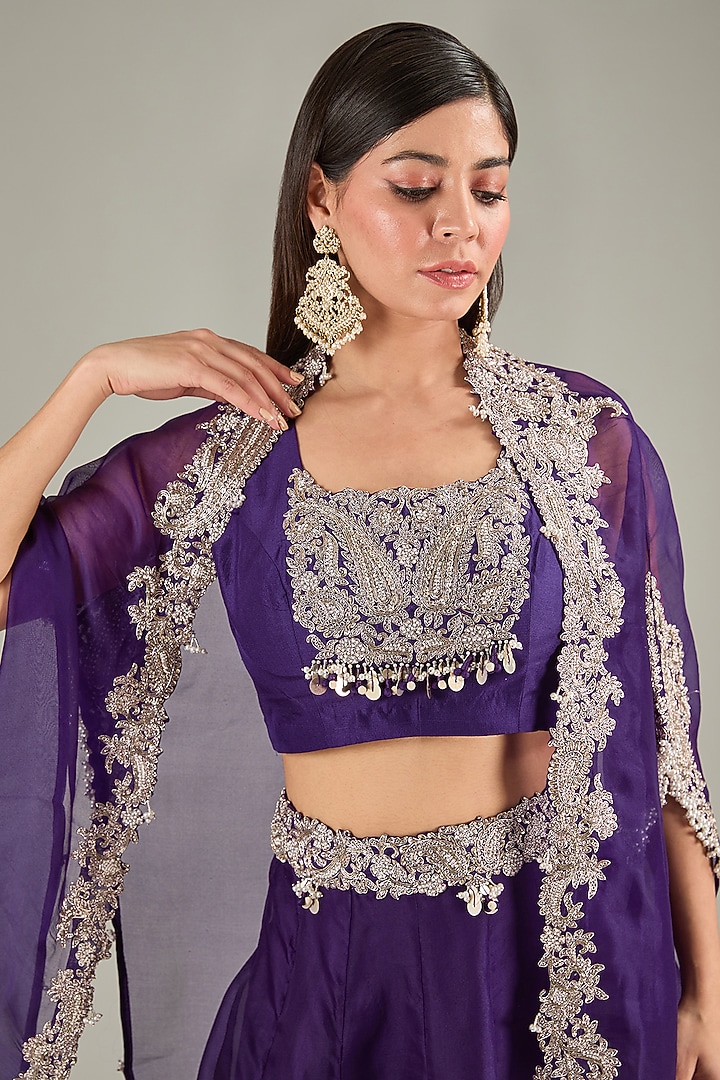Dark Purple Organza Zari Embroidered Skirt Set by Prisho at Pernia's Pop Up Shop