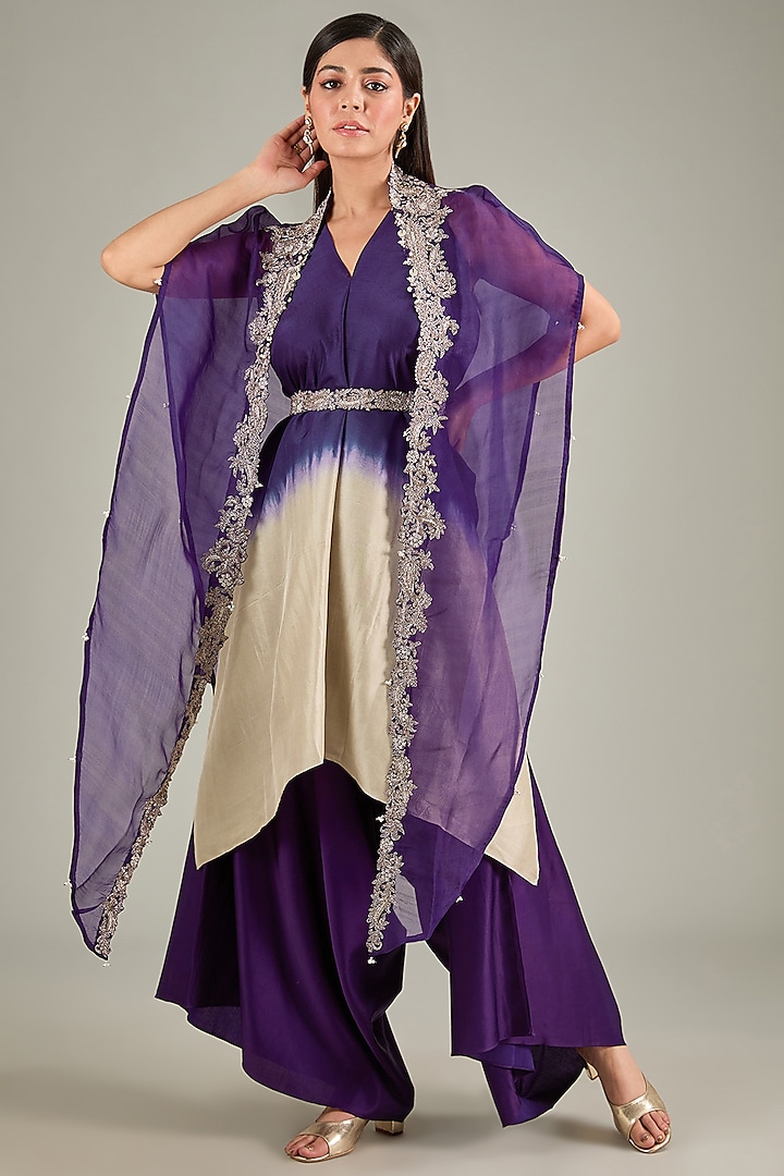 Dark Purple Silk Zari Embroidered Handkerchief Kurta Set by Prisho at Pernia's Pop Up Shop