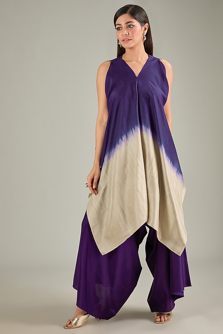 Dark Purple Silk Zari Embroidered Handkerchief Kurta Set by Prisho at Pernia's Pop Up Shop