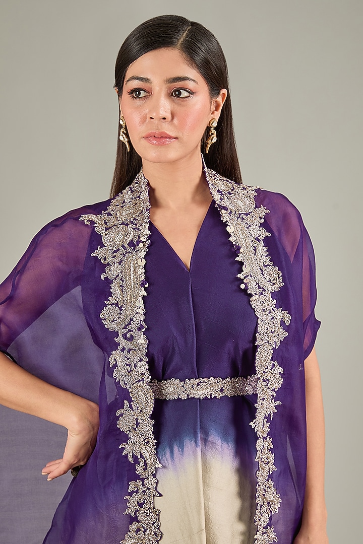 Dark Purple Silk Zari Embroidered Handkerchief Kurta Set by Prisho at Pernia's Pop Up Shop