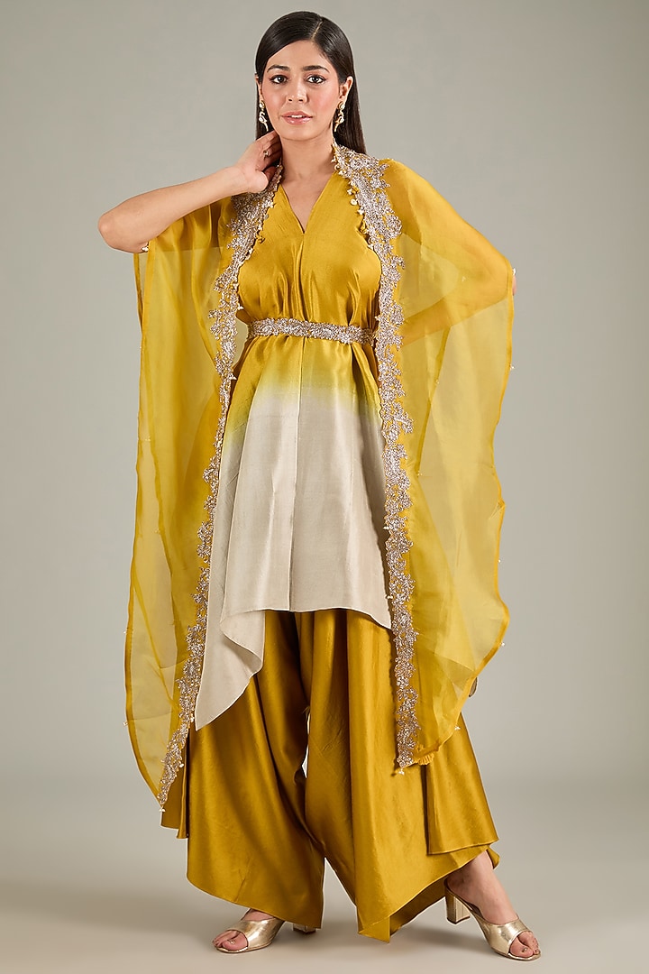 Mustard Silk Zari Embroidered Handkerchief Kurta Set by Prisho at Pernia's Pop Up Shop