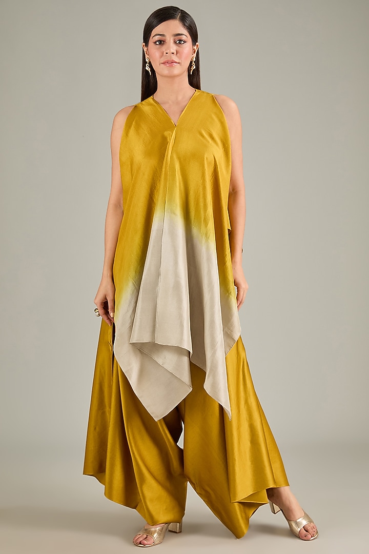 Mustard Silk Zari Embroidered Handkerchief Kurta Set by Prisho at Pernia's Pop Up Shop