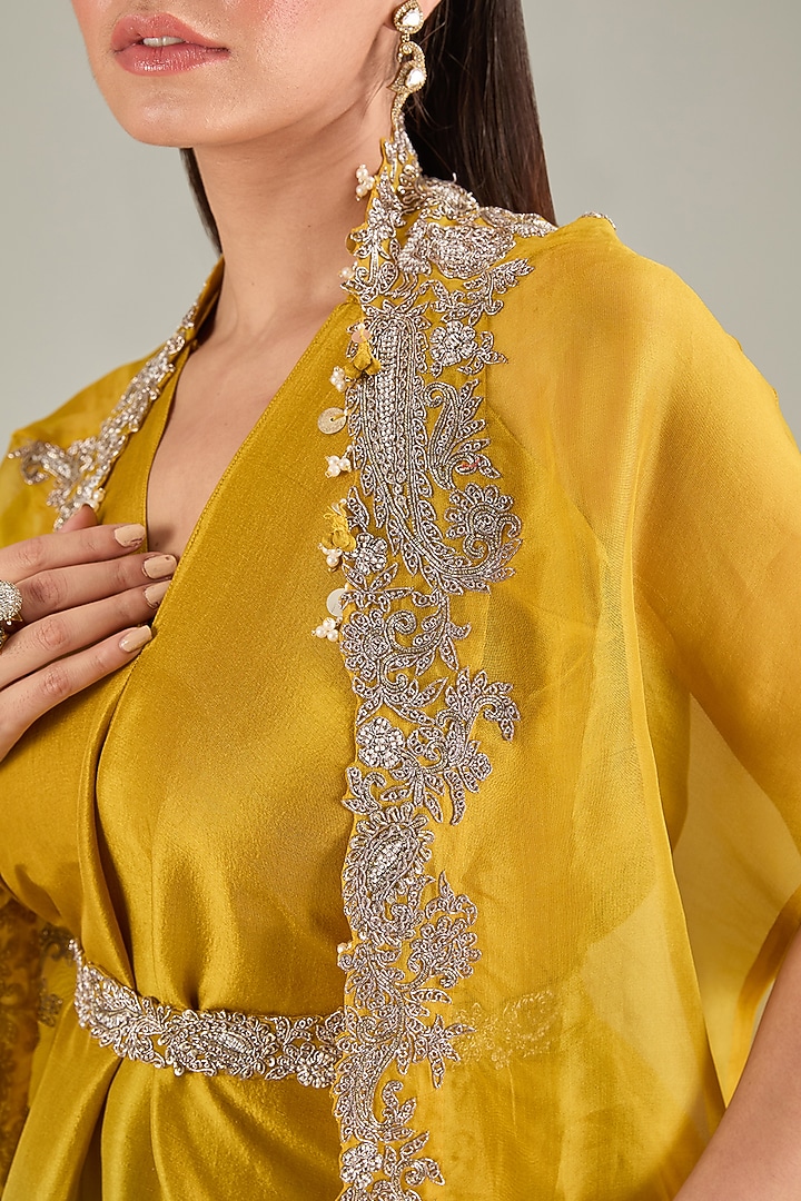 Mustard Silk Zari Embroidered Handkerchief Kurta Set by Prisho at Pernia's Pop Up Shop