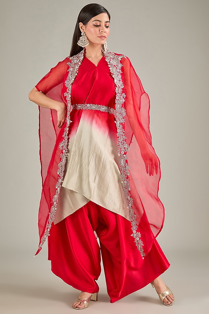 Red Silk Zari Embroidered Handkerchief Kurta Set by Prisho at Pernia's Pop Up Shop