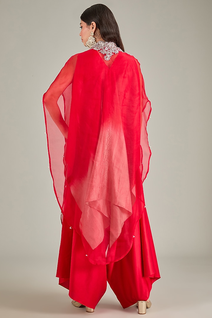 Red Silk Zari Embroidered Handkerchief Kurta Set by Prisho at Pernia's Pop Up Shop