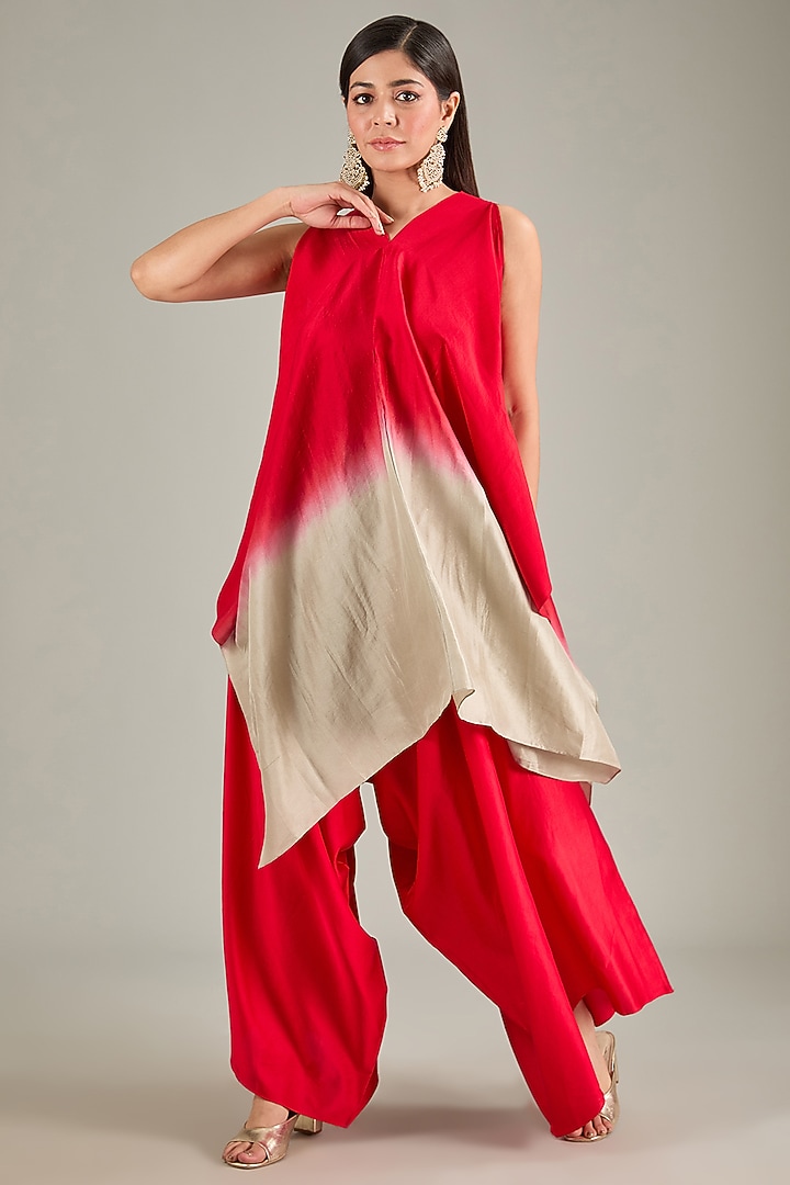 Red Silk Zari Embroidered Handkerchief Kurta Set by Prisho at Pernia's Pop Up Shop