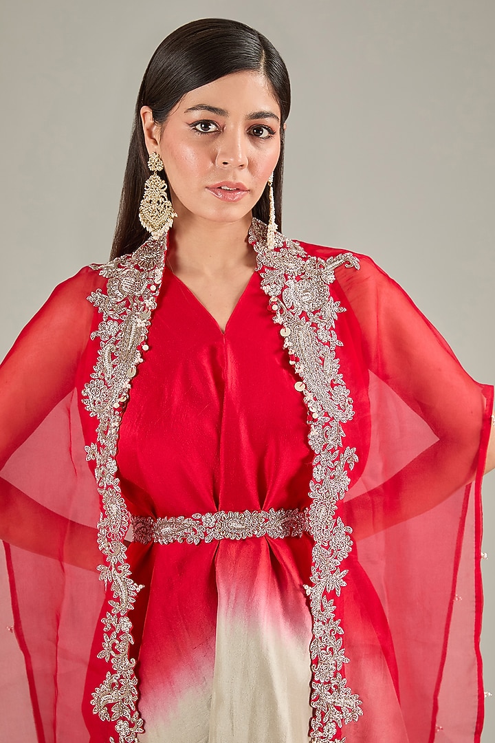 Red Silk Zari Embroidered Handkerchief Kurta Set by Prisho at Pernia's Pop Up Shop