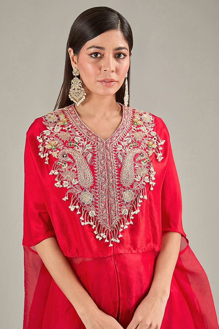 Red Semi Organza Resham Embroidered Kaftan Set by Prisho at Pernia's Pop Up Shop