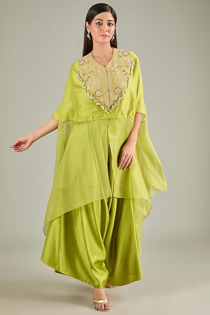 Lime Green Semi Organza Resham Embroidered Kaftan Set by Prisho