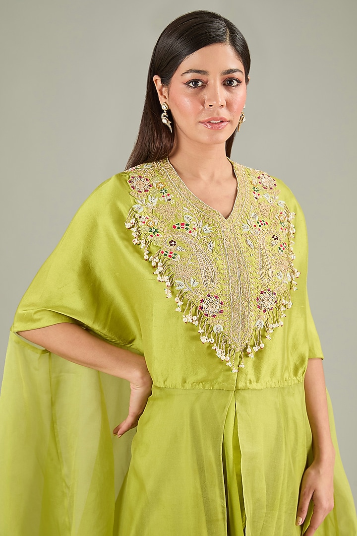 Lime Green Semi Organza Resham Embroidered Kaftan Set by Prisho at Pernia's Pop Up Shop