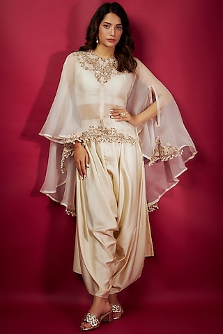 Ivory Organza Resham Work Cape Set by Prisho