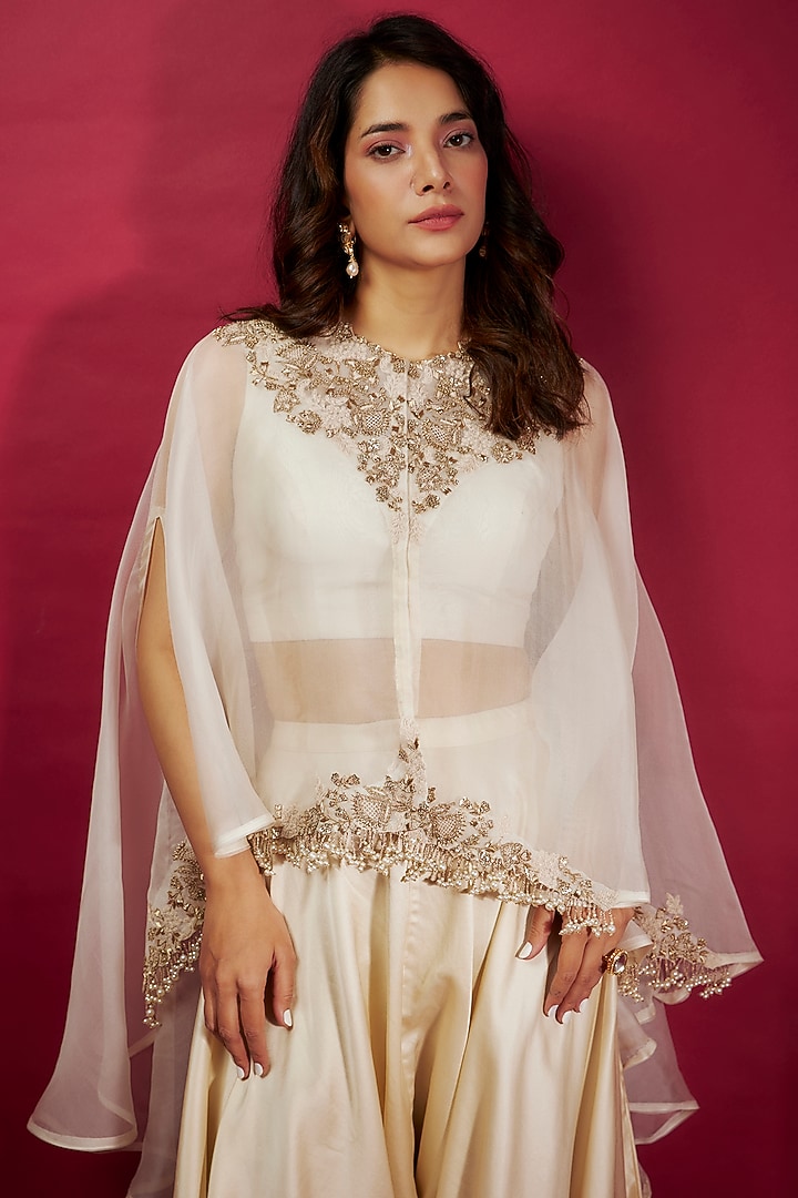 Ivory Organza Resham Work Cape Set by Prisho at Pernia's Pop Up Shop
