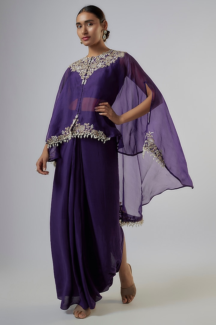 Purple Organza Resham Work Umbrella Cape Set by Prisho at Pernia's Pop Up Shop