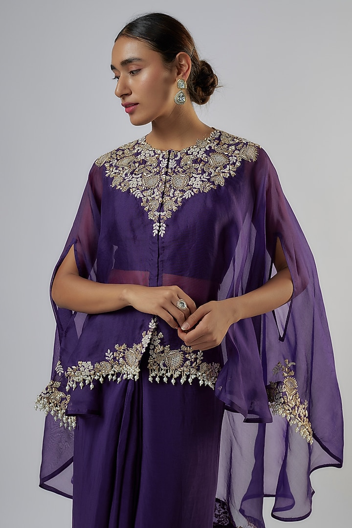 Purple Organza Resham Work Umbrella Cape Set by Prisho at Pernia's Pop Up Shop
