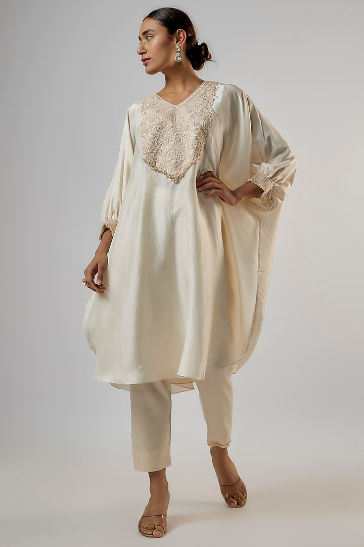 Ivory Silk Resham Work Kaftan Set by Prisho at Pernia's Pop Up Shop
