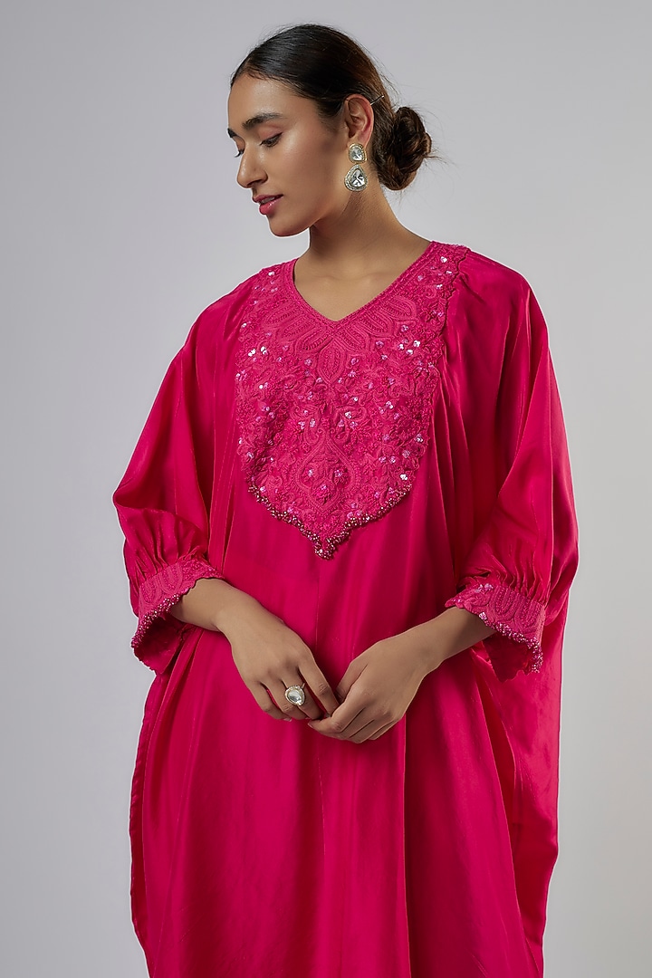 Rani Pink Silk Resham Work Kaftan Set by Prisho at Pernia's Pop Up Shop