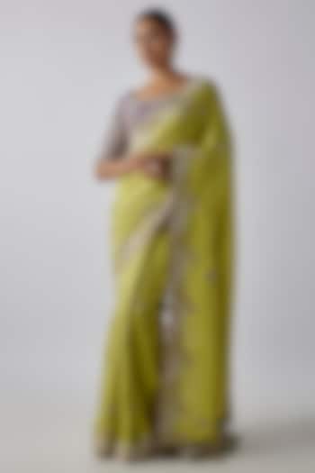 Lime Green Silk Resham Work Reception Saree Set by Prisho at Pernia's Pop Up Shop