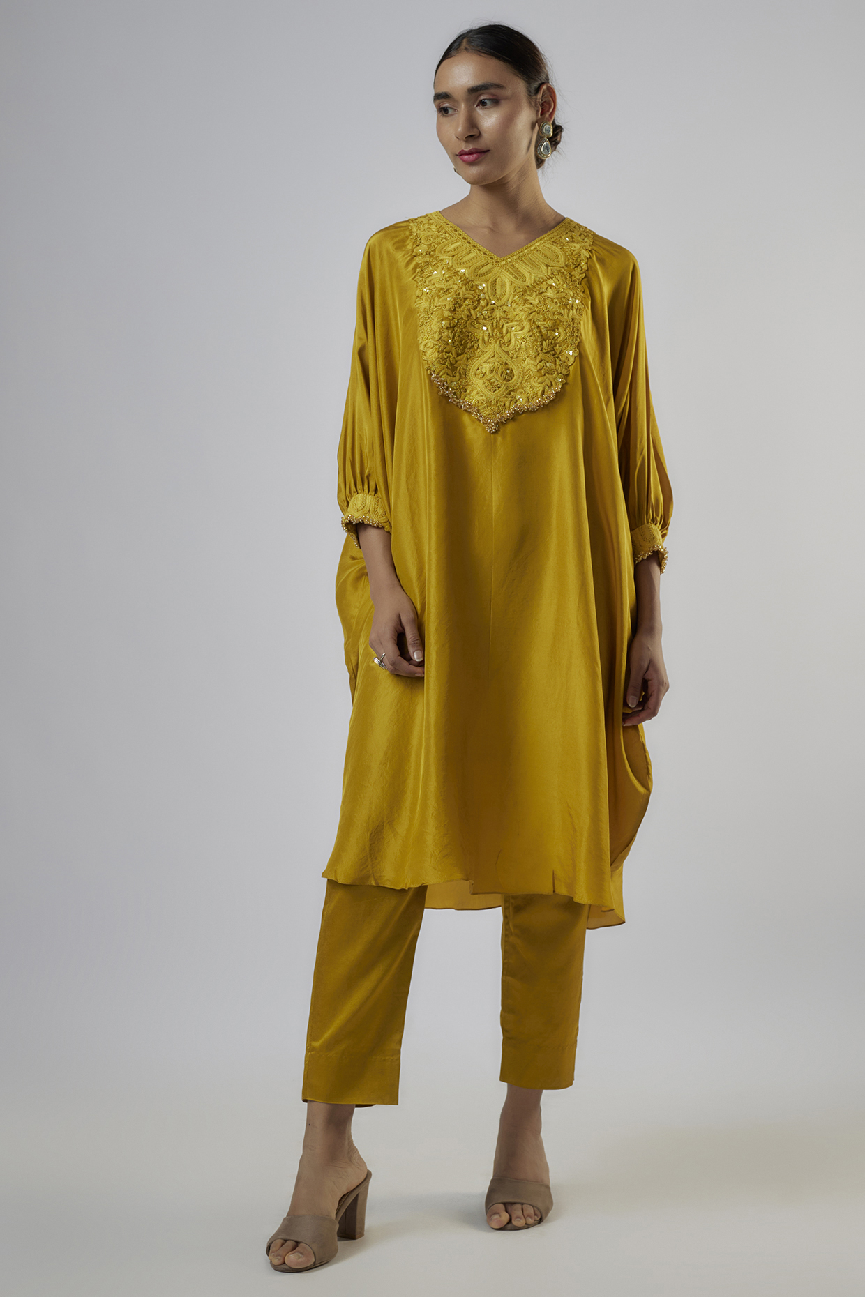 Yellow Silk Resham Work Kaftan Set by Prisho at Pernia's Pop Up Shop