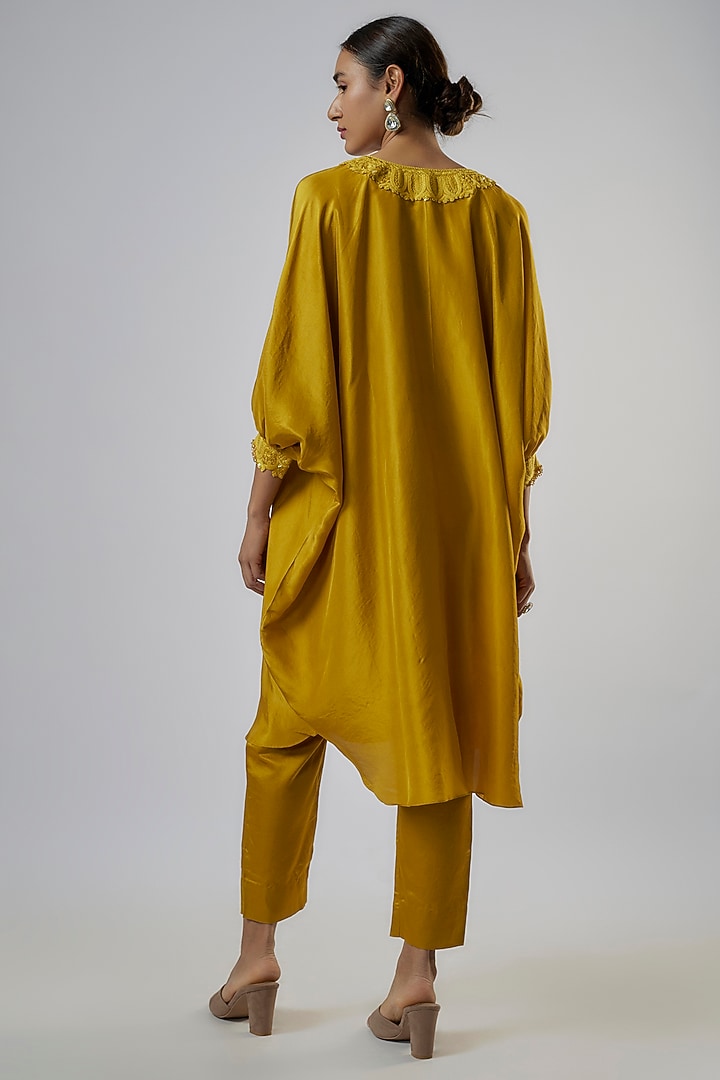 Yellow Silk Resham Work Kaftan Set by Prisho at Pernia's Pop Up Shop