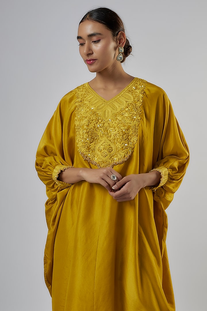 Yellow Silk Resham Work Kaftan Set by Prisho at Pernia's Pop Up Shop