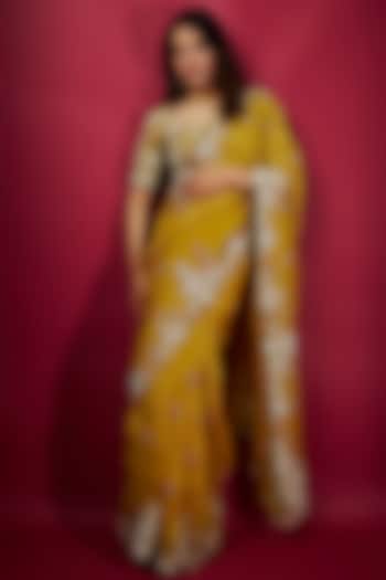 Yellow Organza Resham Work Reception Saree Set by Prisho at Pernia's Pop Up Shop