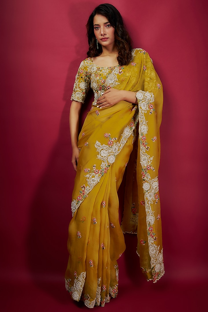 Yellow Organza Resham Work Reception Saree Set by Prisho at Pernia's Pop Up Shop
