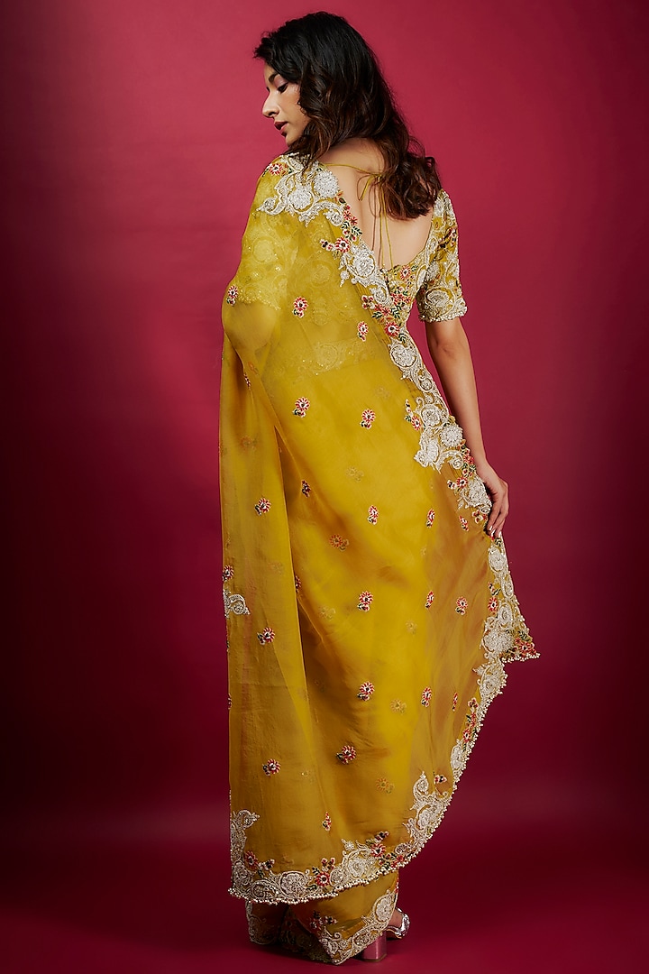 Yellow Organza Resham Work Reception Saree Set by Prisho at Pernia's Pop Up Shop