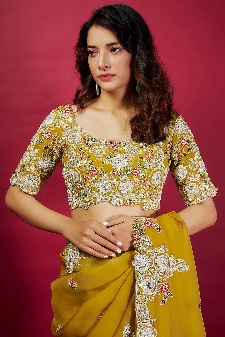 Yellow Organza Resham Work Reception Saree Set by Prisho at Pernia's Pop Up Shop
