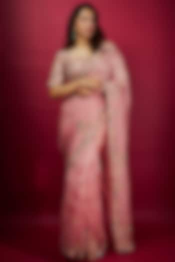 Flamingo Pink Organza Resham Work Reception Saree Set by Prisho at Pernia's Pop Up Shop