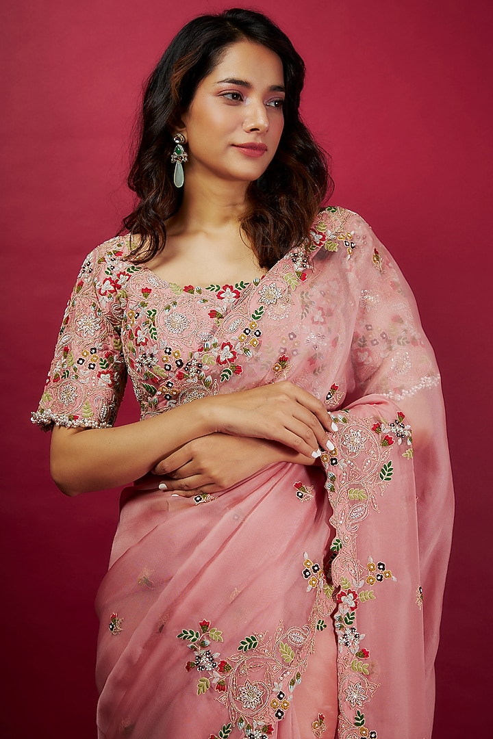 Flamingo Pink Organza Resham Work Reception Saree Set by Prisho at Pernia's Pop Up Shop