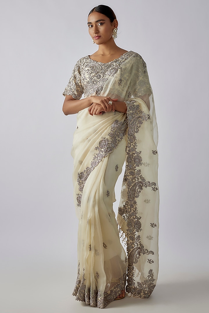 Ivory Organza Zari Work Reception Saree Set by Prisho at Pernia's Pop Up Shop