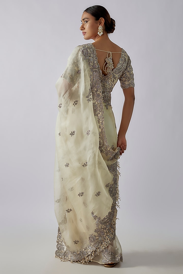 Ivory Organza Zari Work Reception Saree Set by Prisho at Pernia's Pop Up Shop