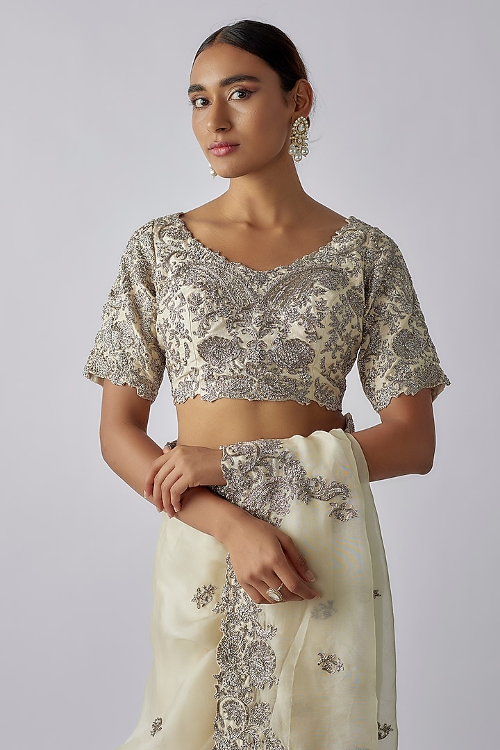 Ivory Organza Zari Work Reception Saree Set by Prisho at Pernia's Pop Up Shop