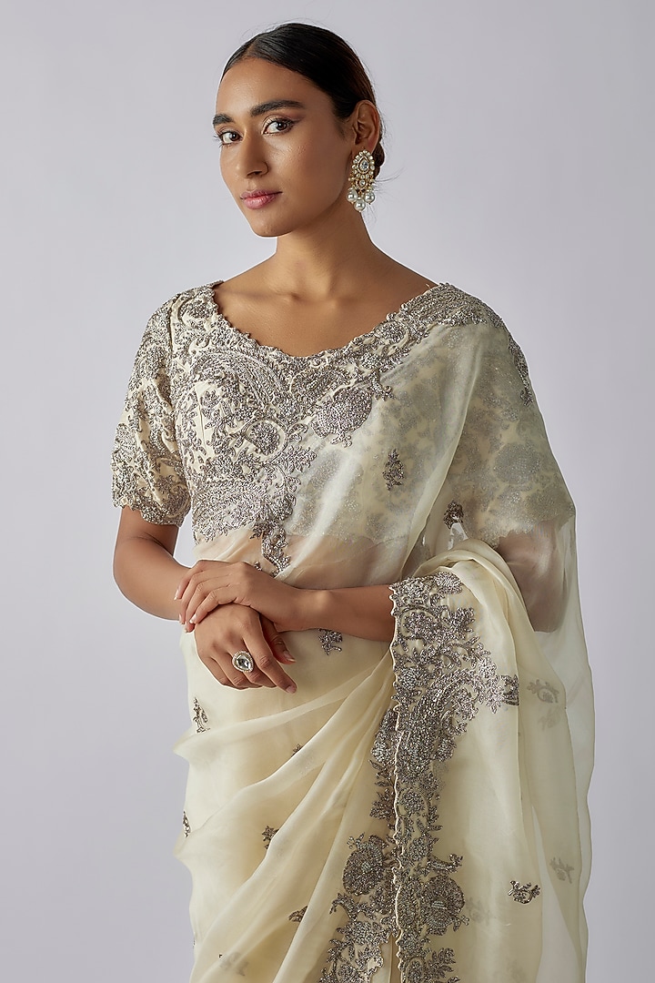 Ivory Organza Zari Work Reception Saree Set by Prisho at Pernia's Pop Up Shop