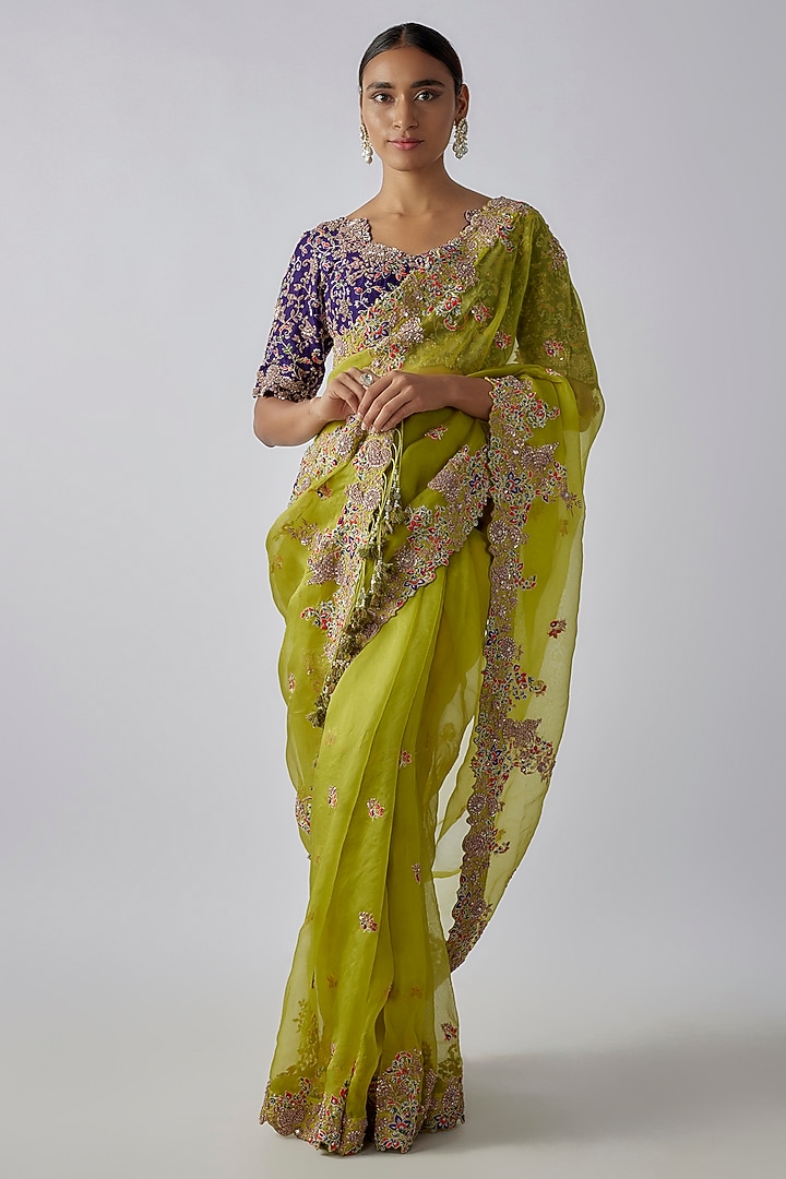 Lime Green Silk Resham Work Reception Saree Set by Prisho at Pernia's Pop Up Shop