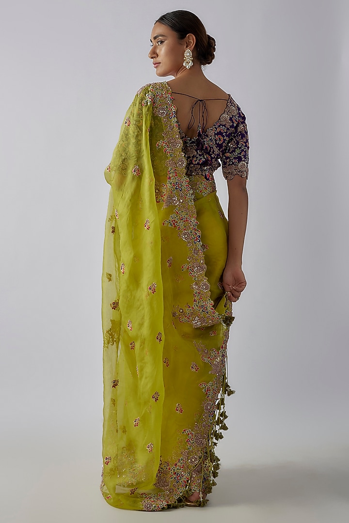 Lime Green Silk Resham Work Reception Saree Set by Prisho at Pernia's Pop Up Shop