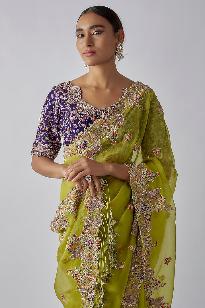 Lime Green Silk Resham Work Reception Saree Set by Prisho at Pernia's Pop Up Shop