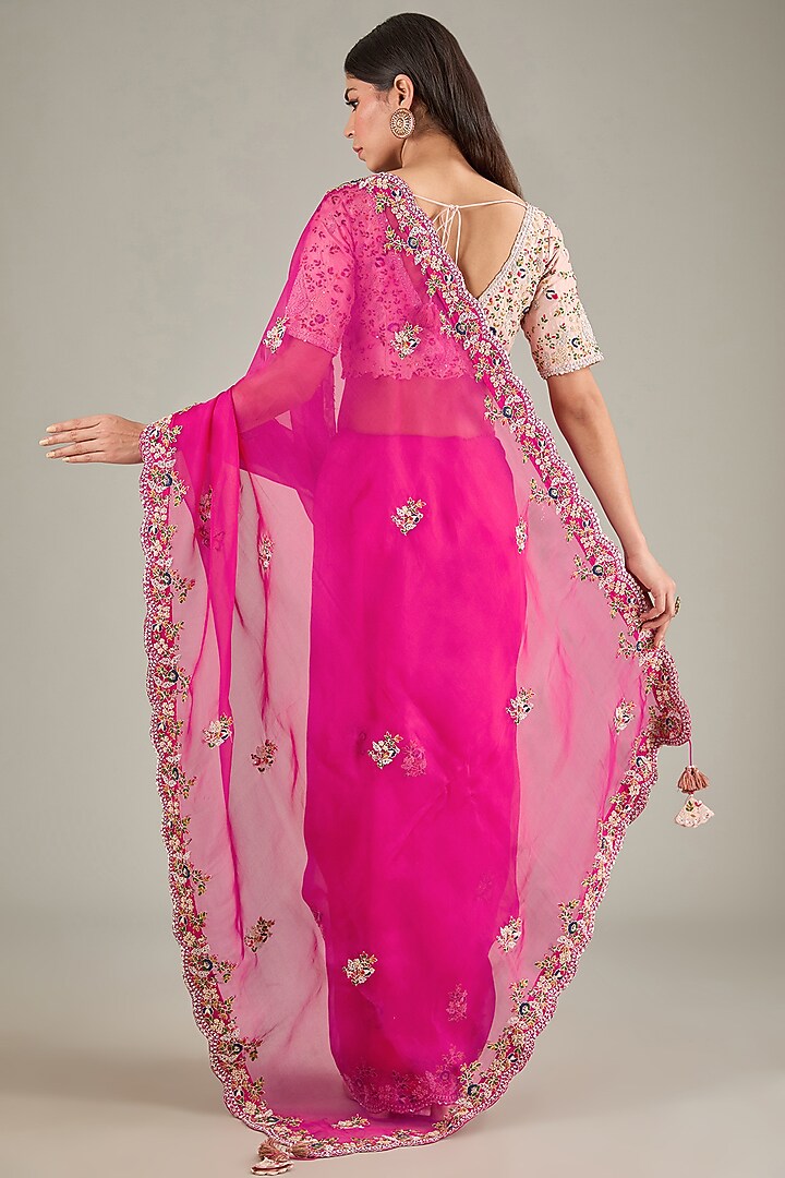 Fuchsia Organza Resham Embroidered Reception Saree Set by Prisho at Pernia's Pop Up Shop