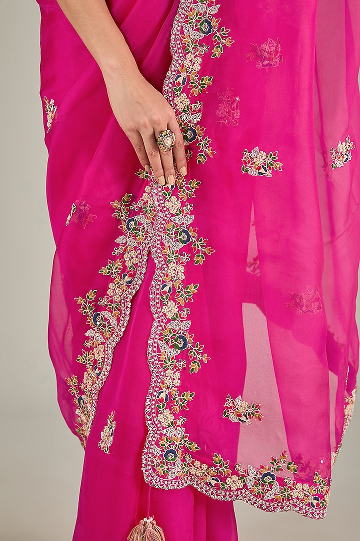 Fuchsia Organza Resham Embroidered Reception Saree Set by Prisho at Pernia's Pop Up Shop