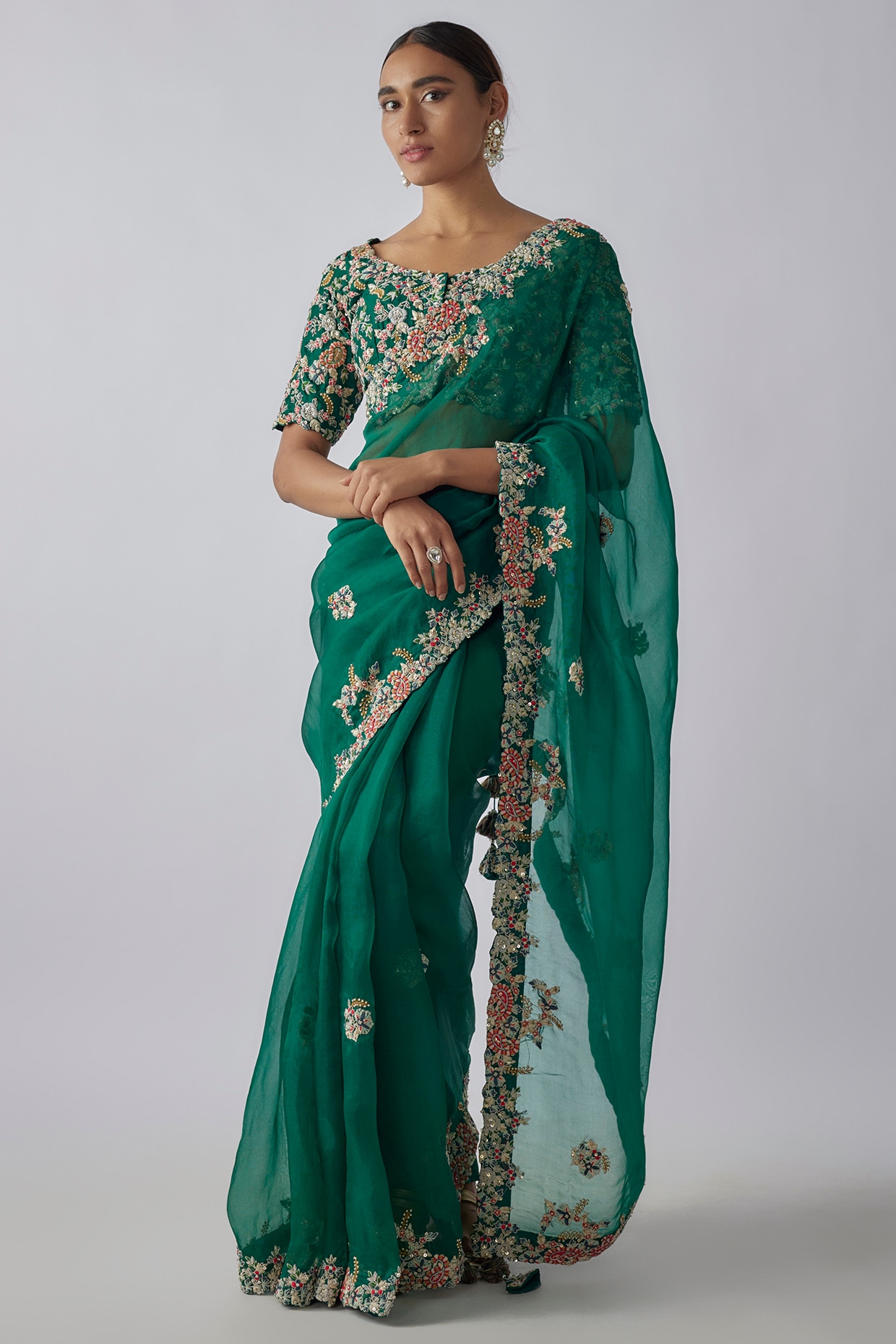 Green Color Georgette Resham Work Saree