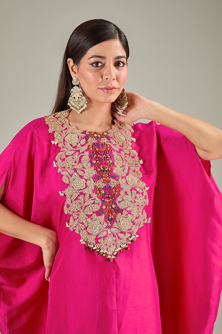 Fuchsia Silk Dori Work Kaftan Set by Prisho at Pernia's Pop Up Shop