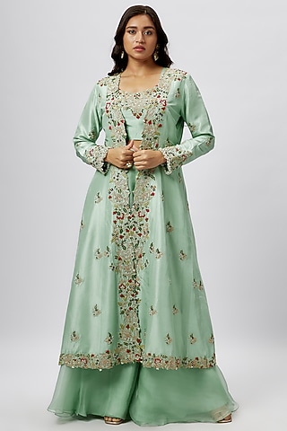 Mint Silk Dori Embroidered Jacket Set by Prisho