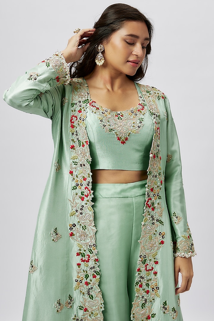 Mint Silk Dori Embroidered Jacket Set by Prisho at Pernia's Pop Up Shop