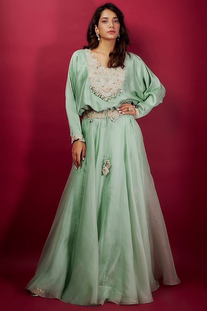 Aqua Organza Resham Work Skirt Set by Prisho at Pernia's Pop Up Shop