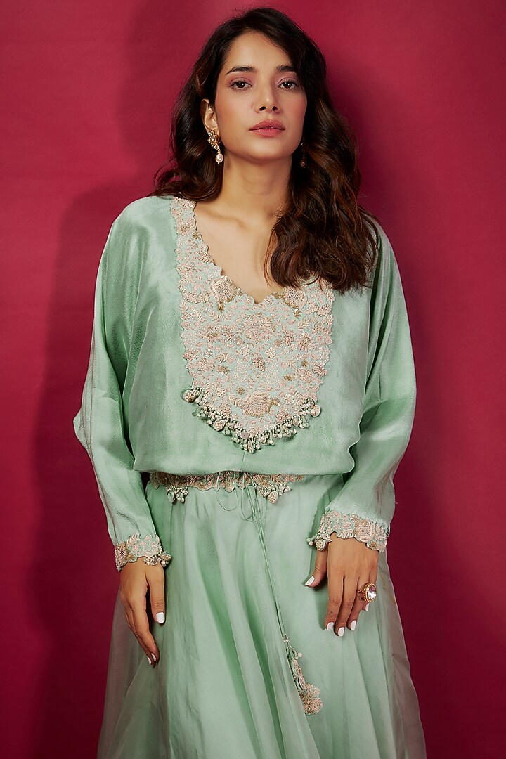 Aqua Organza Resham Work Skirt Set by Prisho at Pernia's Pop Up Shop