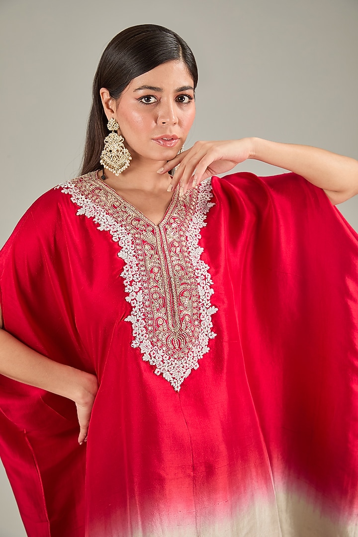 Red Ombre Silk Dori Work Kaftan Set by Prisho at Pernia's Pop Up Shop