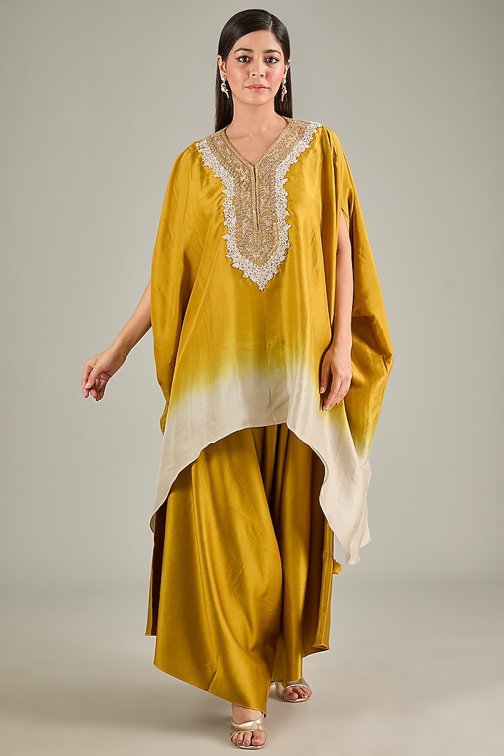 Yellow Ombre Silk Dori Work Kaftan Set by Prisho at Pernia's Pop Up Shop