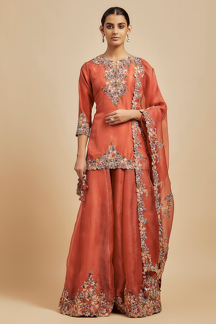 Deep Orange Resham Embroidered Bridal Sharara Set by Prisho at Pernia's Pop Up Shop